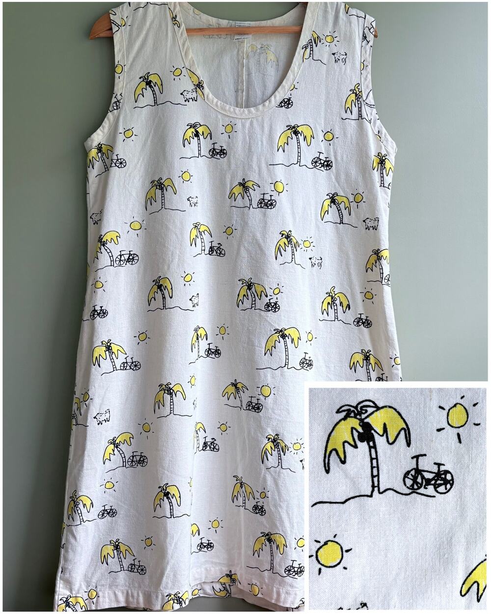 VTG Hemp Cotton Sleeveless Shift Dress Cream Novelty Print Bike Palm Tree USA M